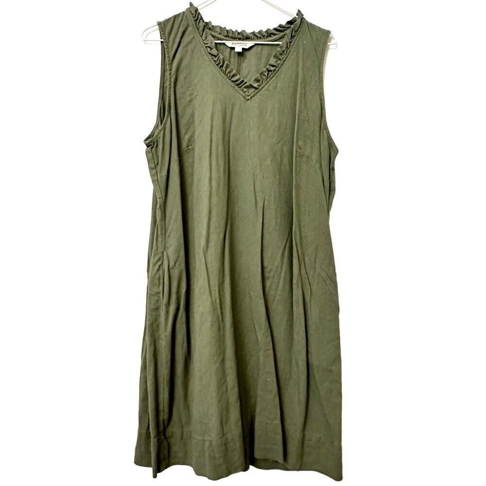 Briggs Ruffle V-Neck Linen Rayon Blend Sleeveless Dress Olive Green Large